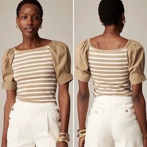 J. Crew Vintage Ribbed Puffed Sleeve Top Medium tan white striped neutral blouse